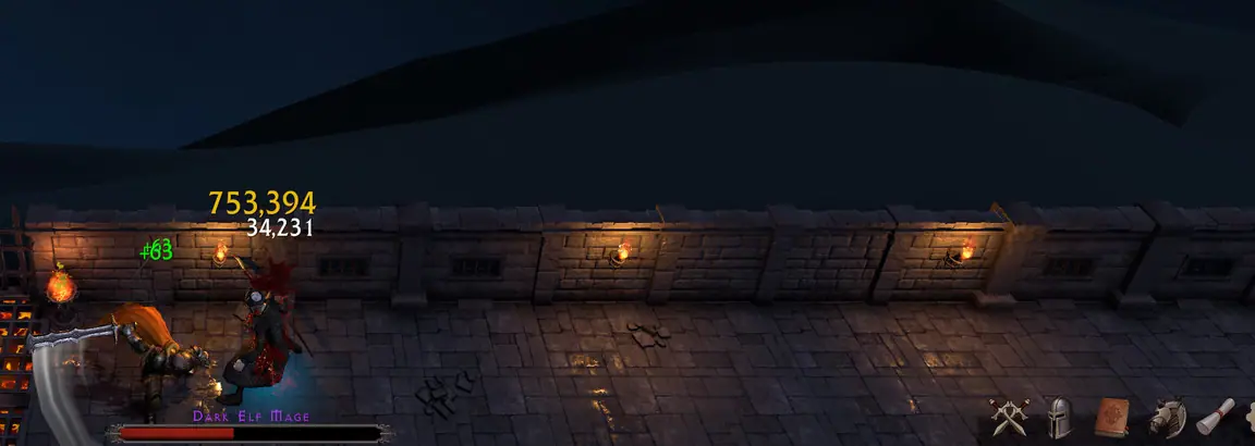 Dark Elf Mage taking 753,394 damage inside the torch-lit courtyard