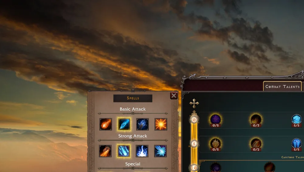 Combat Talents panel showing the level 10, 30 and 60 capstone rows