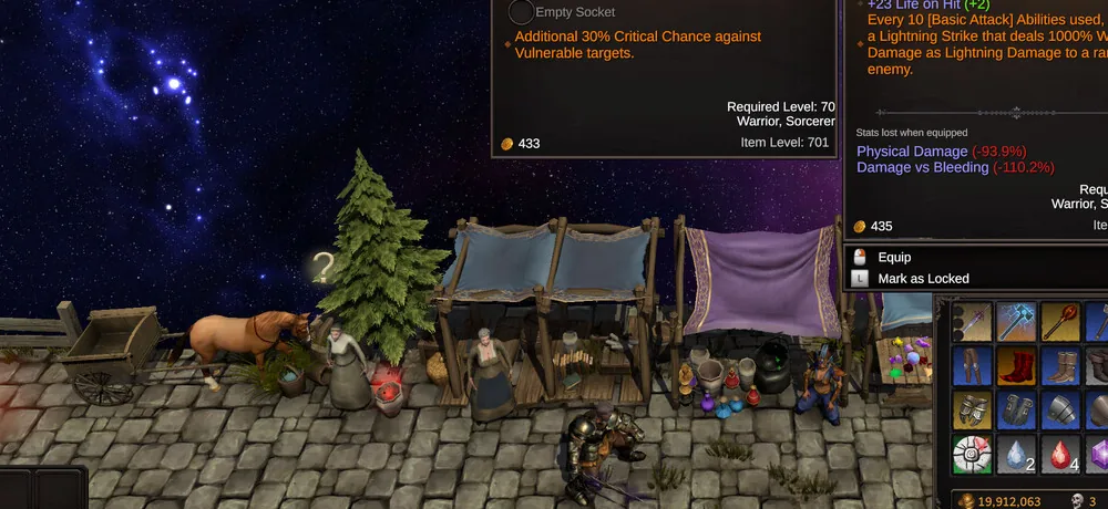 Legendary weapon tooltip listing the classes that can equip it beside the merchant stall
