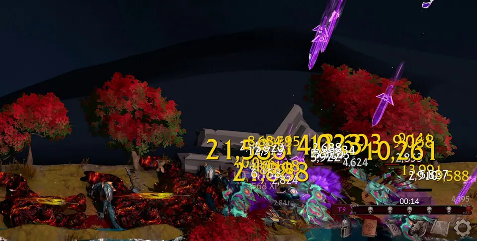 Mobs fighting beside red trees under stacked gold damage numbers