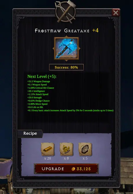 Frostmaw Greataxe upgrade window showing 80% success and next level stats