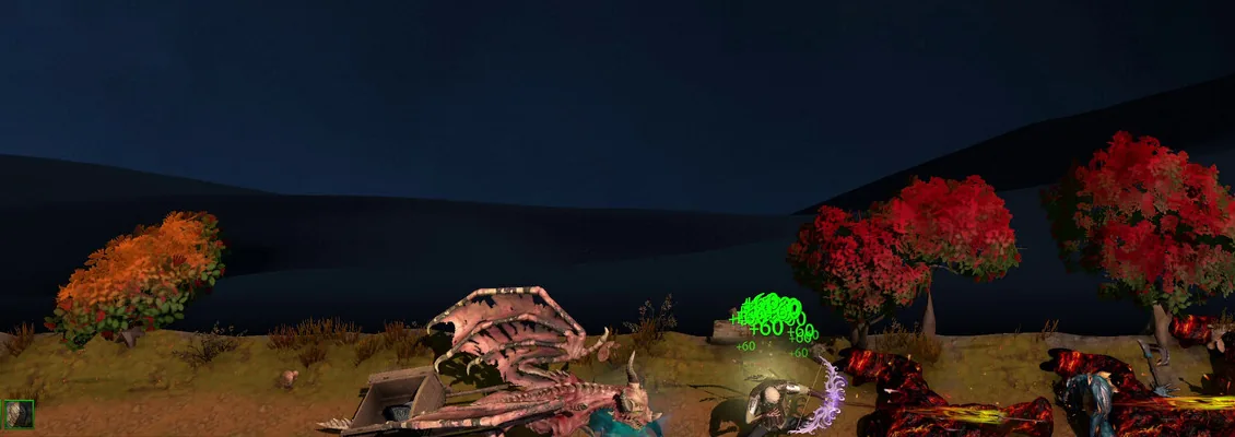 Autumn field at night with a summoned minion fighting mobs