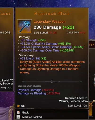 Hellstorm Mace tooltip listing primary and secondary affix values