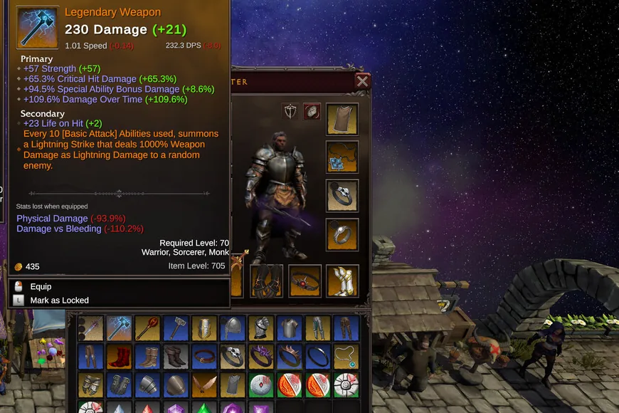 Inventory grid and character panel with a full bag of consumables