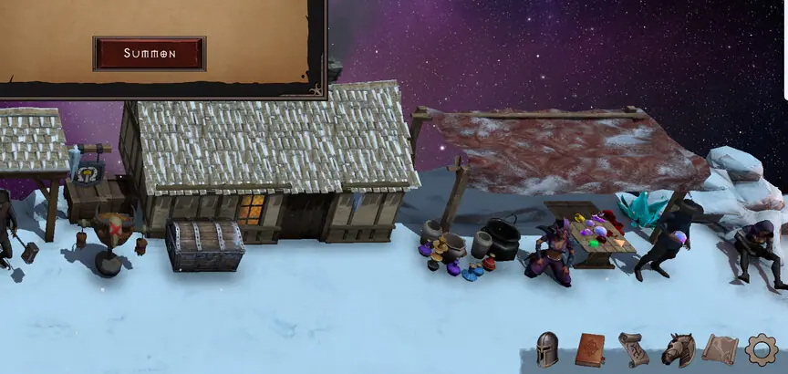 Snowy market stall and stacked crates beside the village path